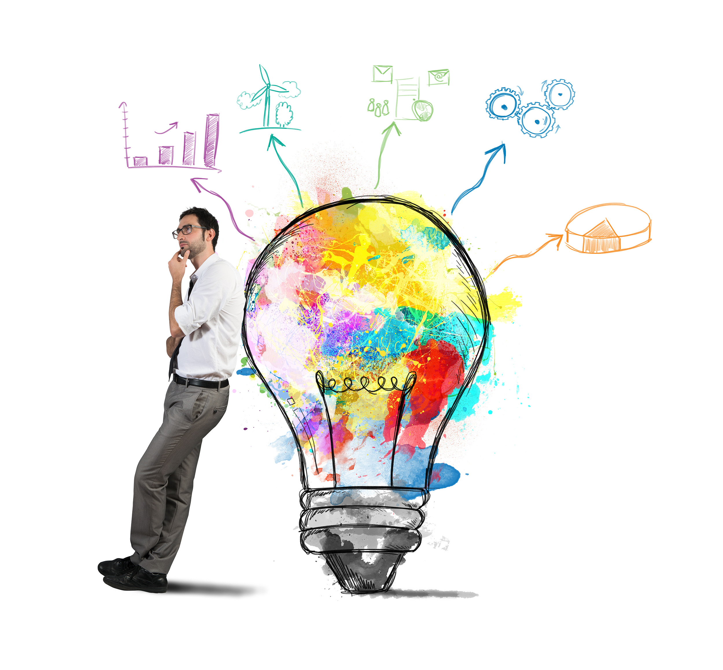 A thinking man leaning against an artistic lightbulb Why have purpose?